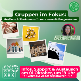 Grüne Grafik mit dem Titel 'Gruppen im Fokus: Resilienz & Strukturen stärken – neue Aktive gewinnen'. Oben links befindet sich das Logo der Skills Lab Initiative. In der Mitte sind vier quadratische Fotos angeordnet: Eine Gruppe hält ein großes Zahnrad, mehrere Hände legen Puzzleteile zusammen, ein Team steht hinter großen Buchstaben, und eine Person spricht vor Publikum. Rechts oben ist ein grünes Feld mit dem Hinweis auf einen Special Guest: Lea Schütter (Psy4F, Energie4Engagierte). Unten hebt ein pinkes Feld Informationen zum Termin hervor: 'Infos, Support & Austausch am 01. Oktober, um 19 Uhr – Jetzt auf Zoom registrieren'